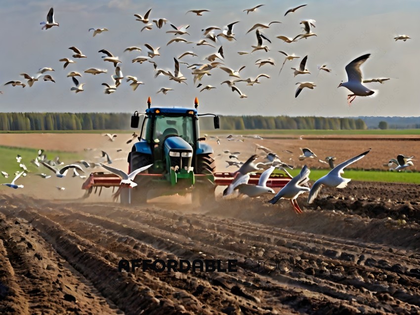 A tractor with a plow is driving through a field with many birds