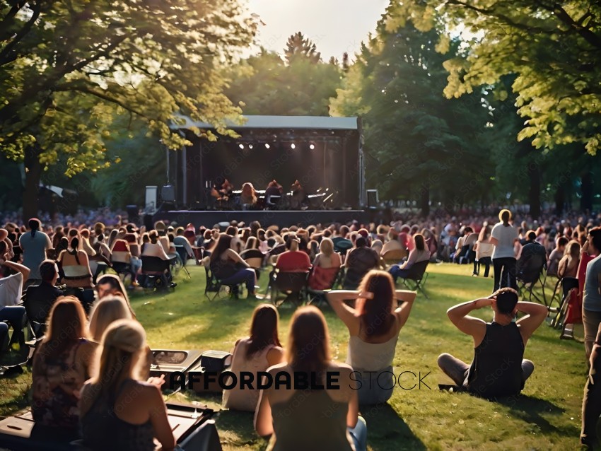 A group of people are sitting in the grass watching a concert
