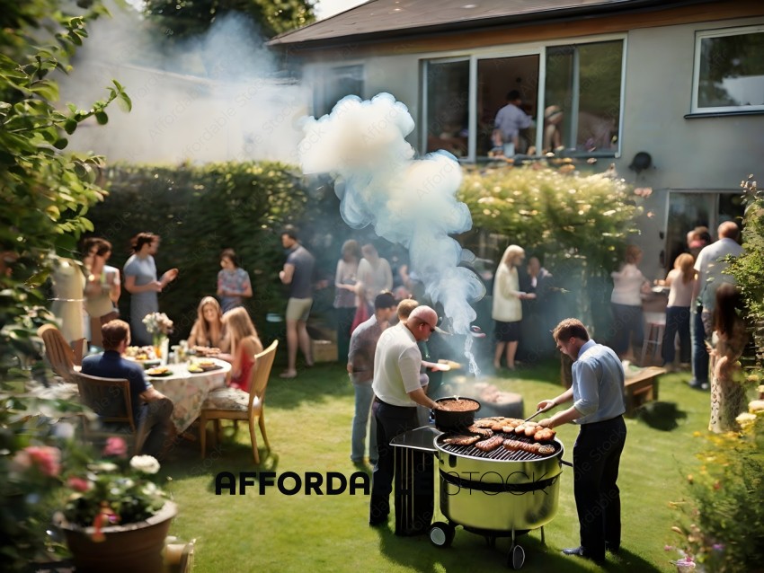 A group of people are gathered around a grill