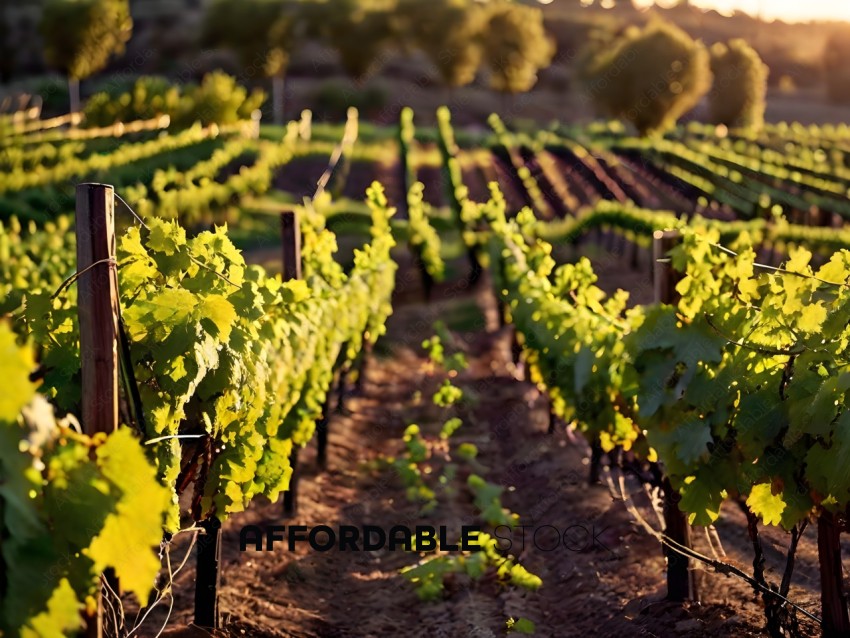 Vineyard with green leaves and brown dirt