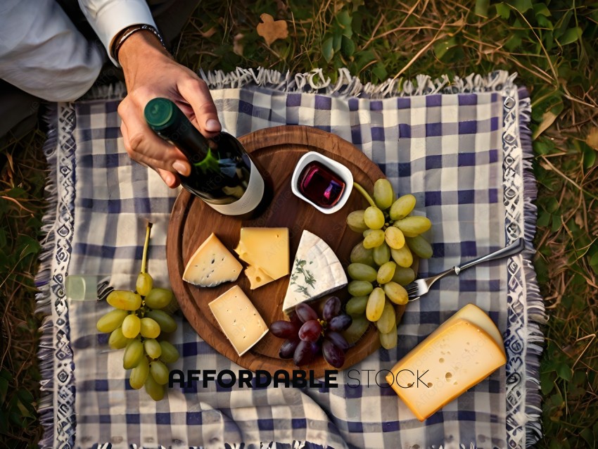 A person is holding a bottle of wine and a cheese board with grapes