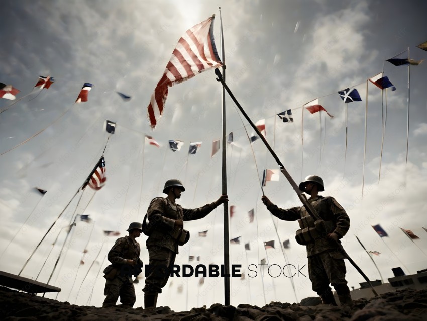 Three soldiers holding a flag