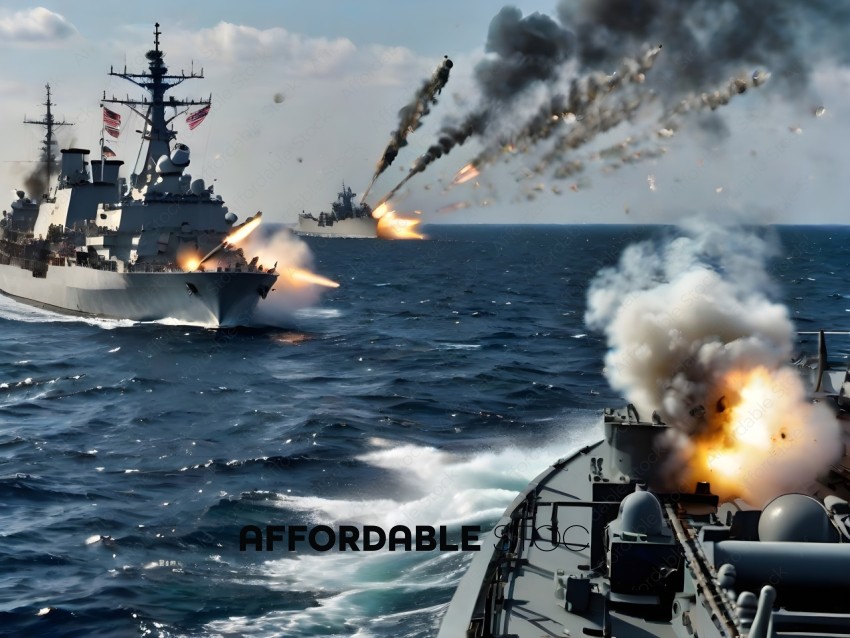 Navy ships firing at each other in the ocean