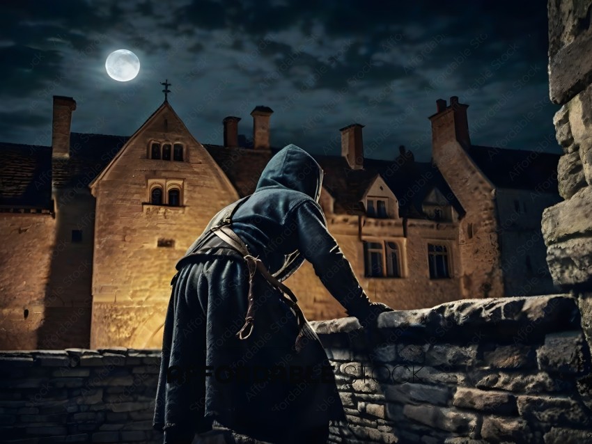 A person in a black cloak looking over a stone wall at night