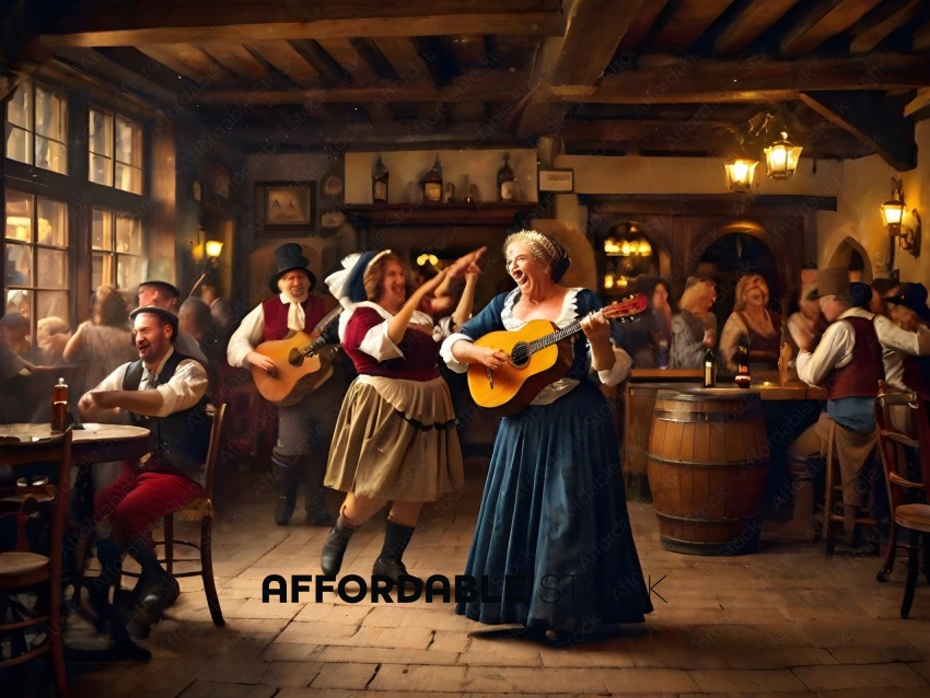 A group of people in a bar playing instruments and singing