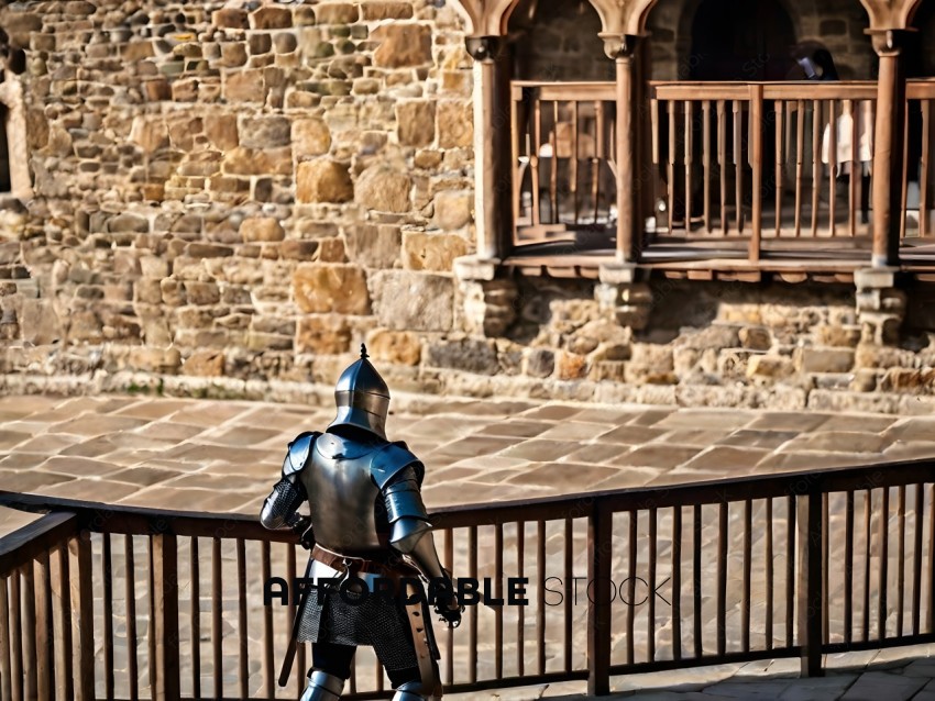 Knight in armor standing in front of a stone building