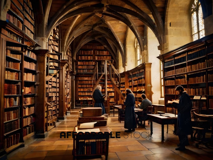 A group of people in a library