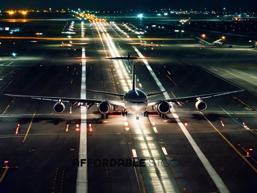 A plane on a runway at night