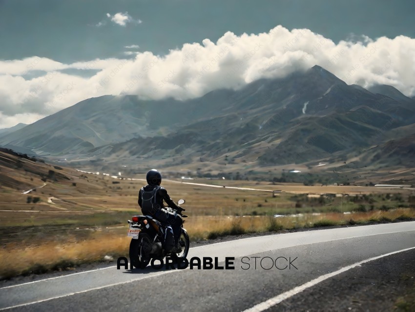 A motorcyclist rides down a mountain road