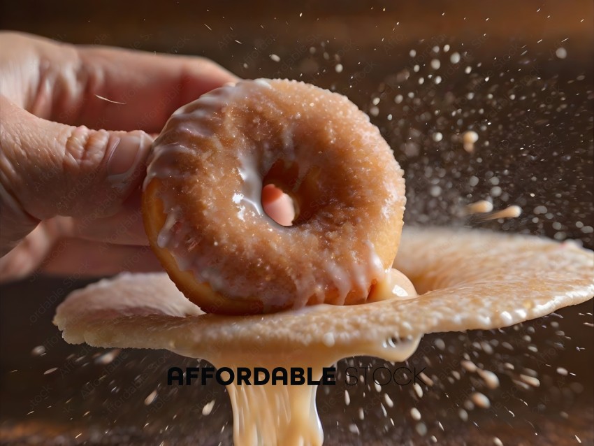 A person is pouring a glaze on a donut