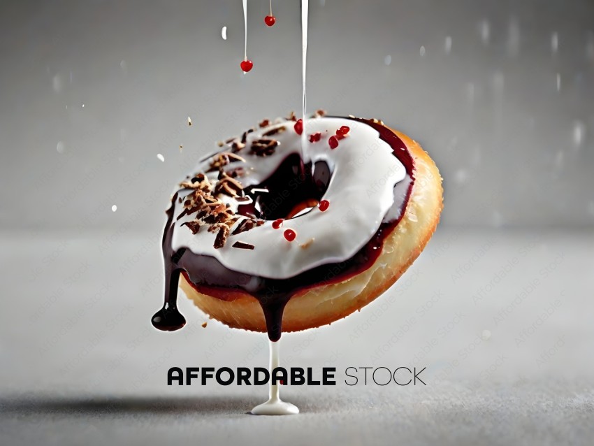 A dripping chocolate doughnut with white frosting and red sprinkles