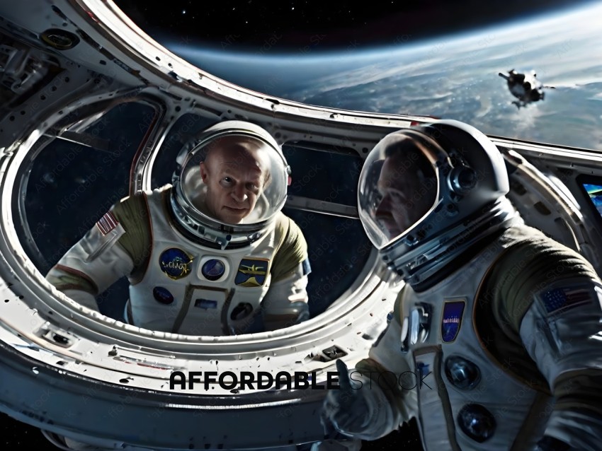Two Astronauts in Space Discussing a Mission