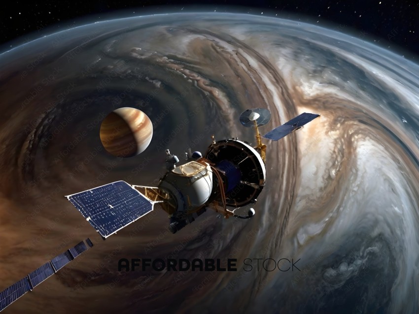 A spacecraft with a solar system in the background