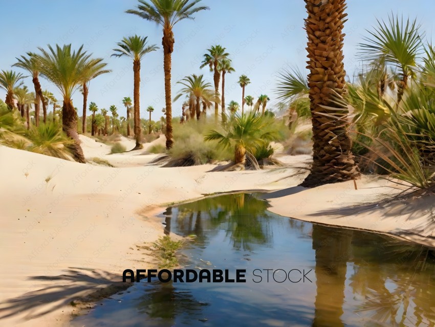 A desert scene with a small pond and palm trees