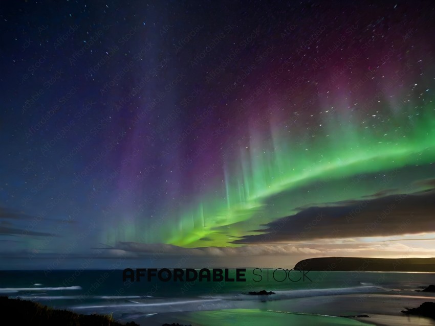 A beautiful night sky with a purple and green hue