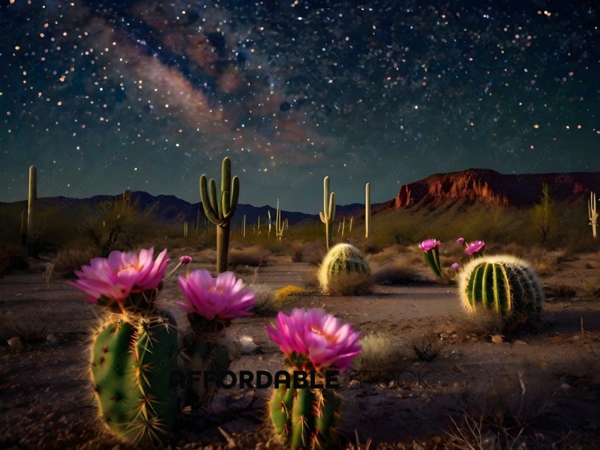 A nighttime scene of cactus plants with a starry sky