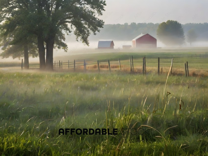 A farm with a red barn and fog