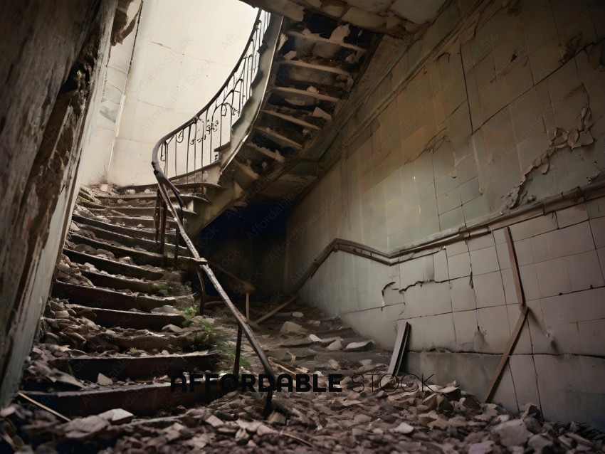A staircase in a dilapidated building
