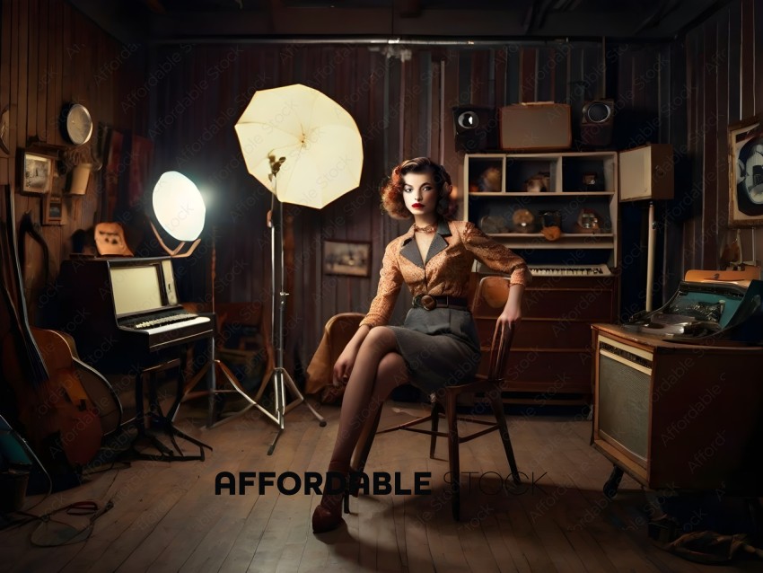A woman sitting in a chair in a studio with a light on her face