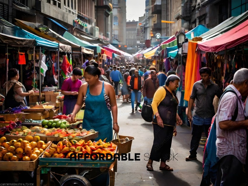 A busy marketplace with people shopping for fruit