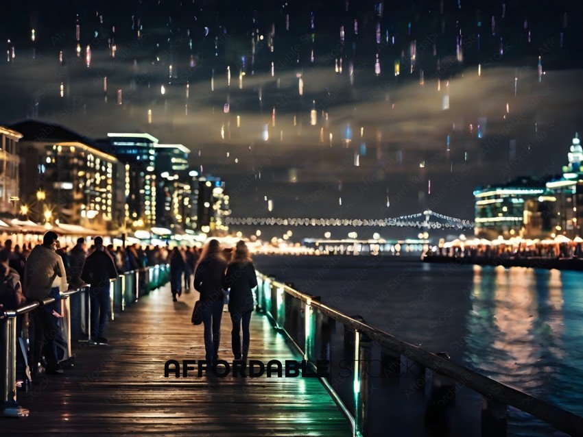 A couple walks along a pier at night, under a sky filled with lights