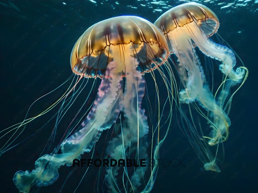 Two jellyfish with long tentacles