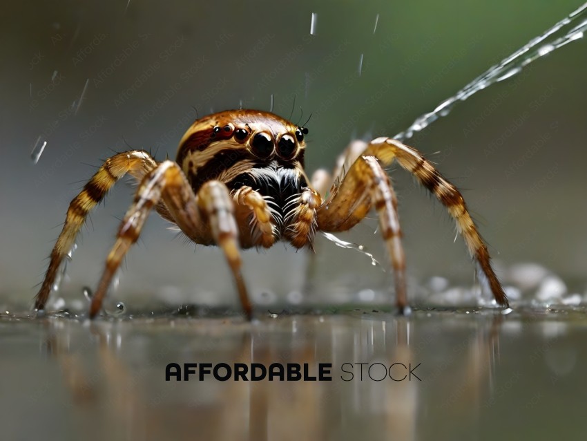 A spider with a brown and black body and a red spot on its head