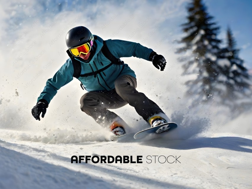 Snowboarder in a blue jacket and goggles