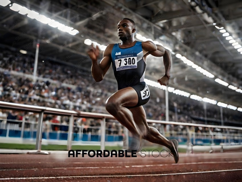 Man in a black and blue uniform running on a track