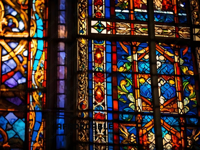A stained glass window with a blue and red theme