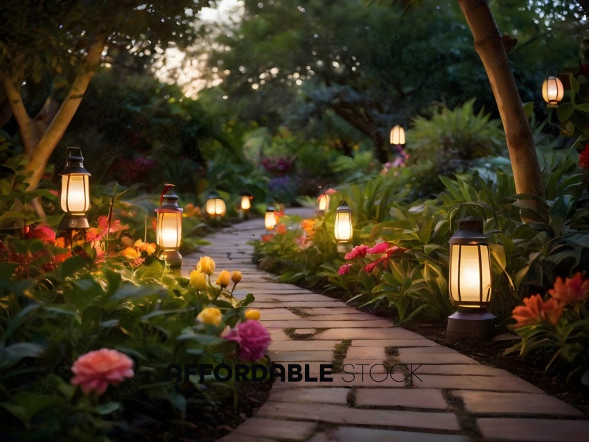 A pathway with many flowers and lights