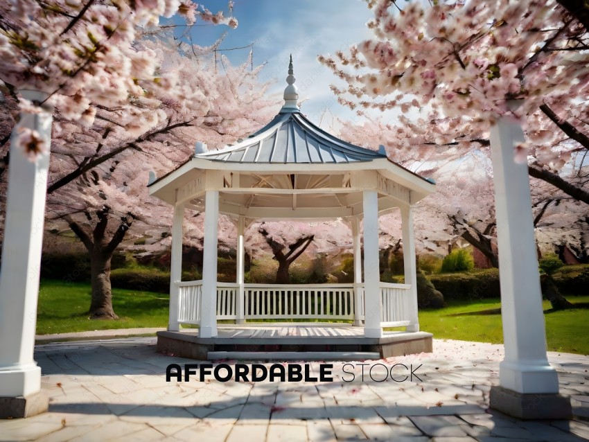 A white gazebo with a thatched roof and a bench underneath it