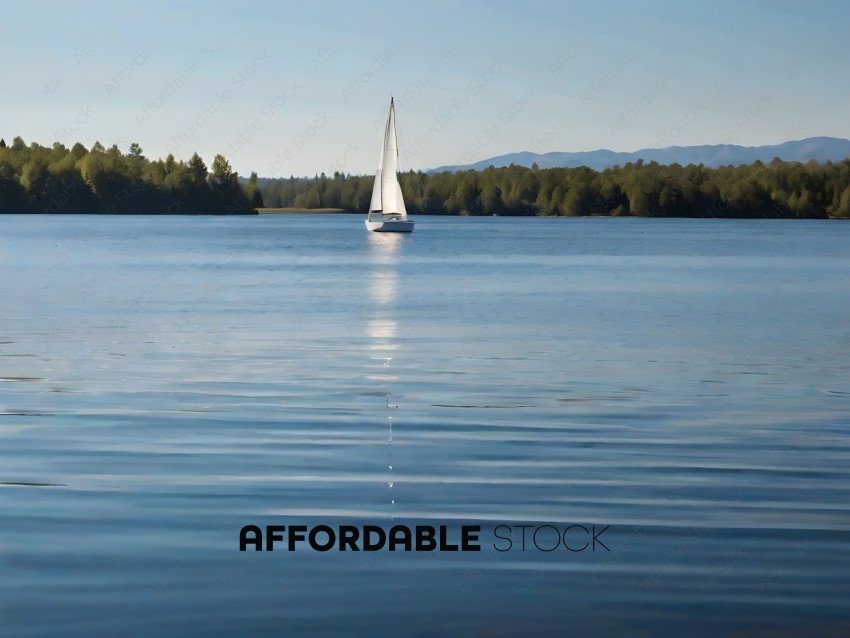 A sailboat sails on a lake with mountains in the background