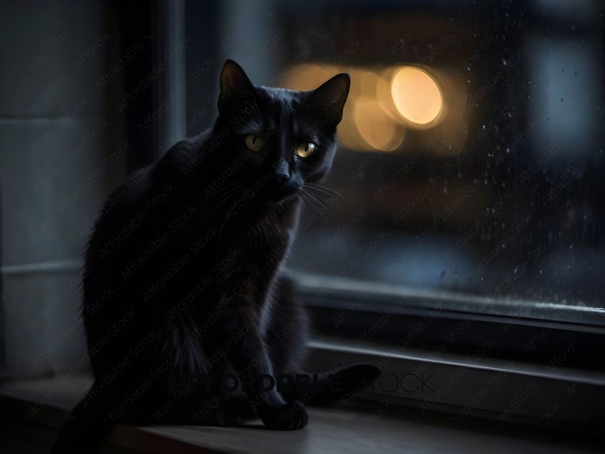 Black Cat Sitting on Window Sill