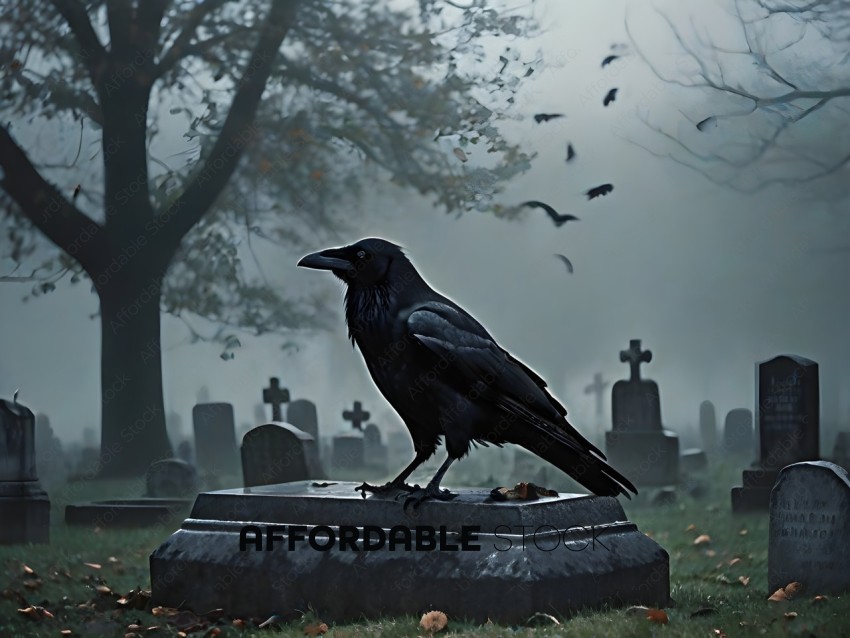 A crow perched on a tombstone in a graveyard