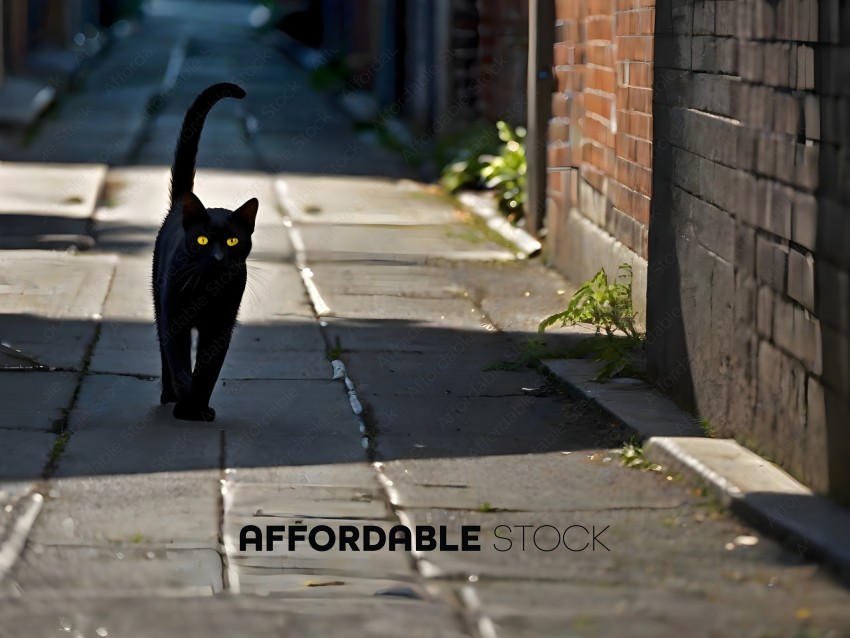 A black cat with yellow eyes walking down a sidewalk