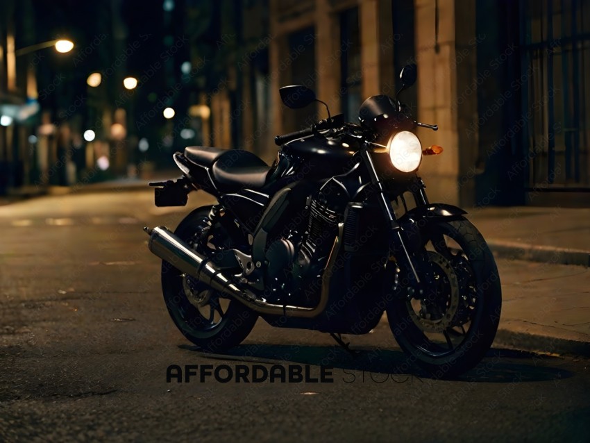 A black motorcycle parked on a city street at night