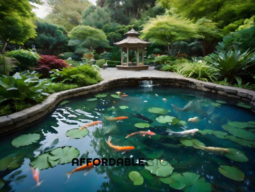 A pond with a gazebo and fish