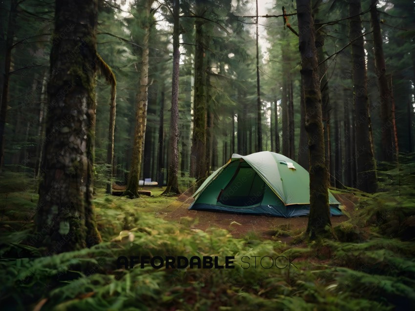 A small green tent in the woods