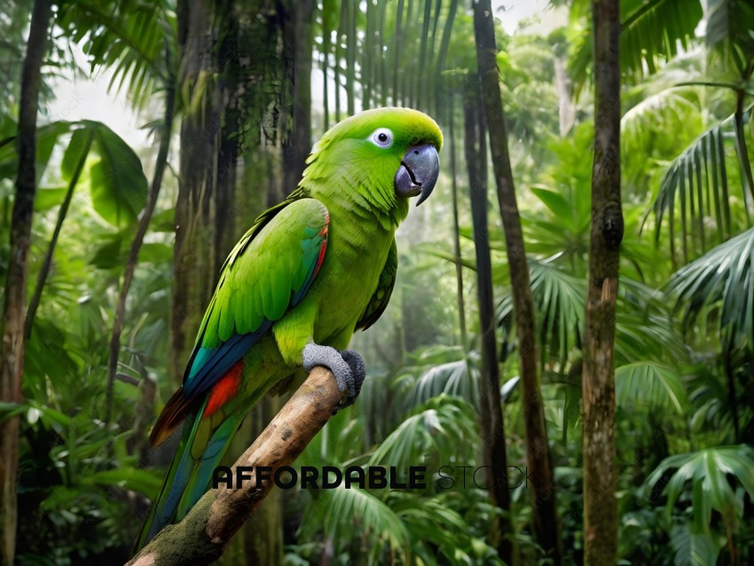 Green Parrot with Red Tail perched on a branch