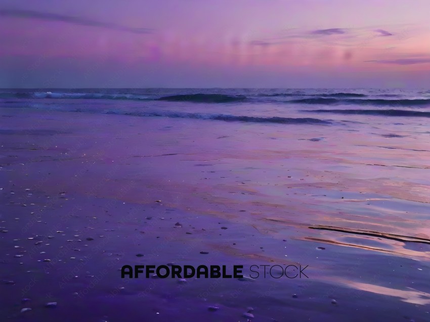 A beautiful beach scene with a purple sky