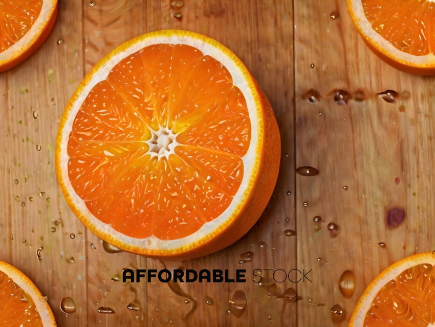 A slice of orange on a wooden table