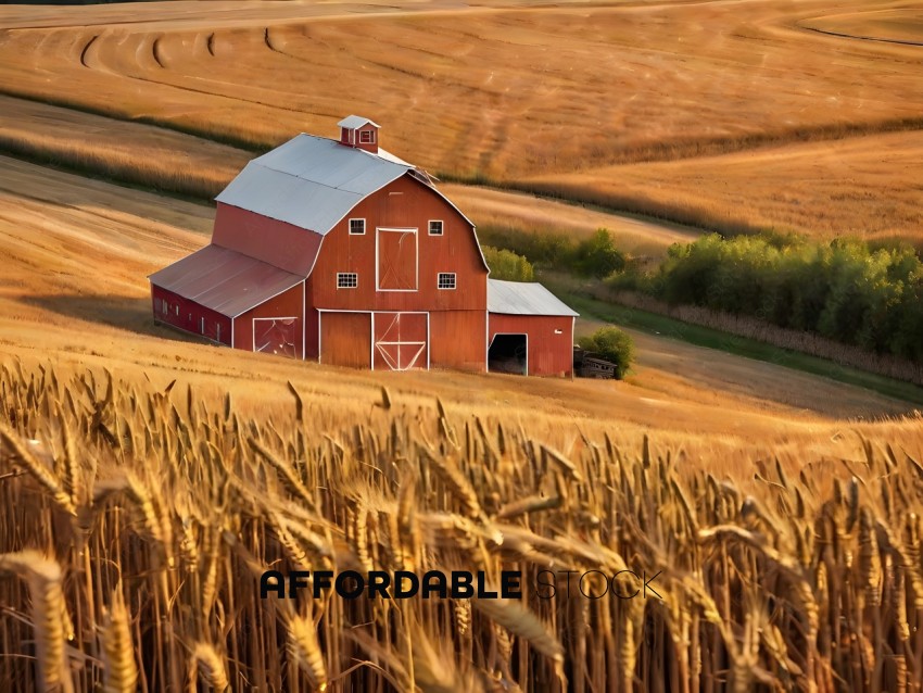 A Red Barn with a White Roof in a Field of Wheat