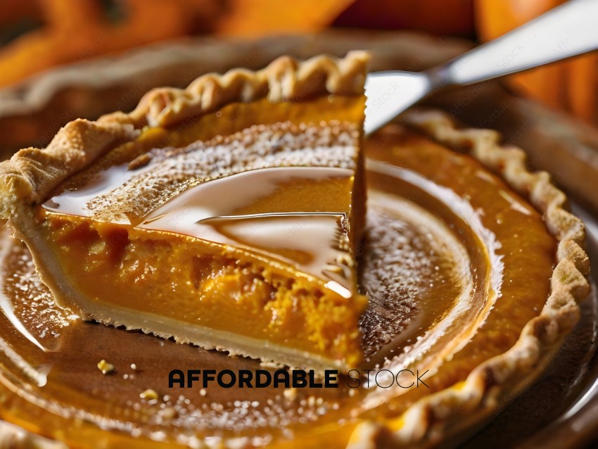A slice of pumpkin pie with a fork underneath