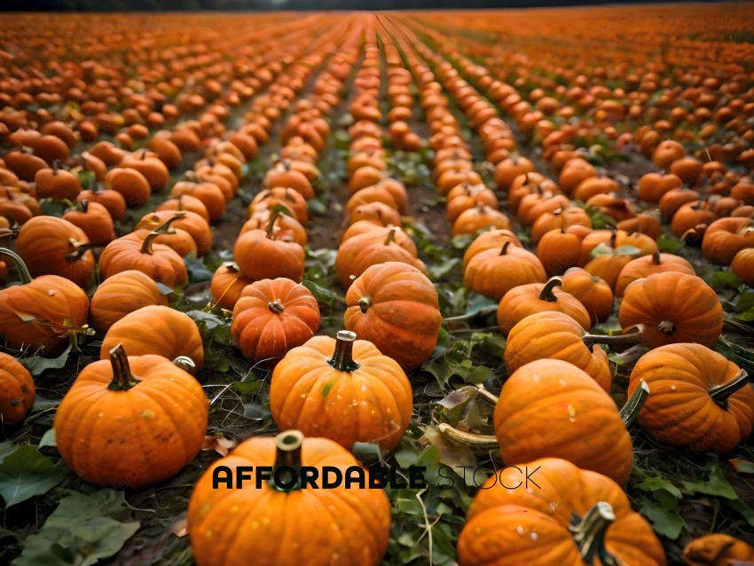 Pumpkins in a field with a plowed path