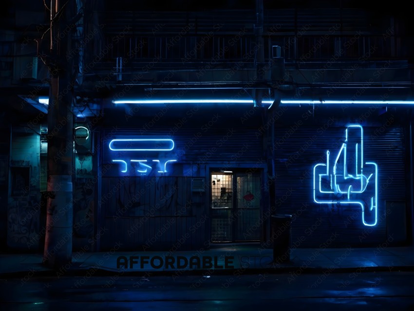 A neon sign on a building with a door