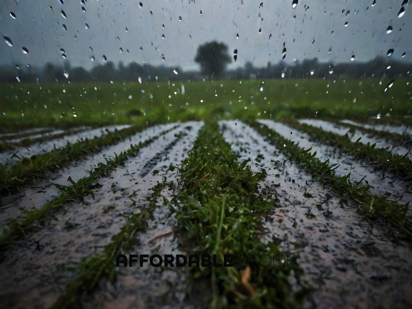 Raindrops on grass and dirt