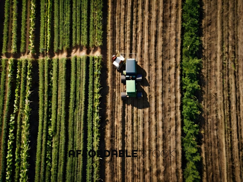 A tractor is pulling a trailer through a field of crops