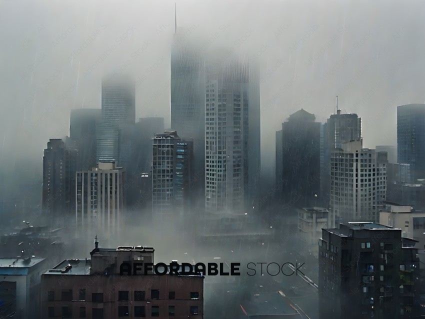 A city skyline with rain and fog