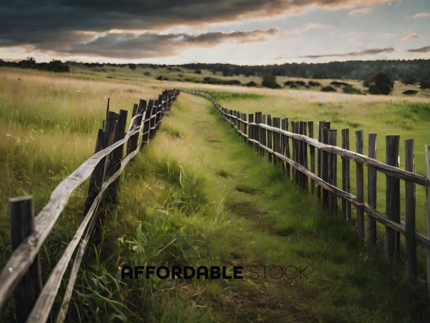 A fence line in a field with a cloudy sky
